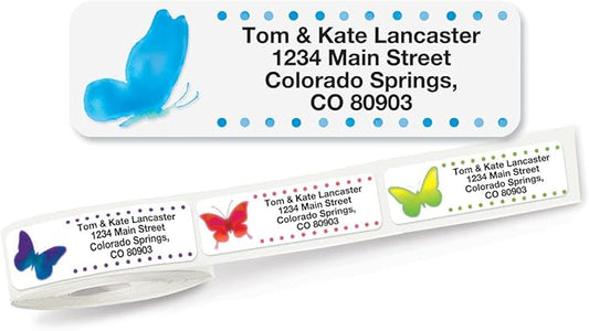 Watercolor Butterflies Rolled Personalized Return Address Mailing Labels with Dispenser, Set of 500, 5 Designs, Small ¾ x 2½ Inch Size, Custom Self-Adhesive Sticker Roll, by Colorful Images