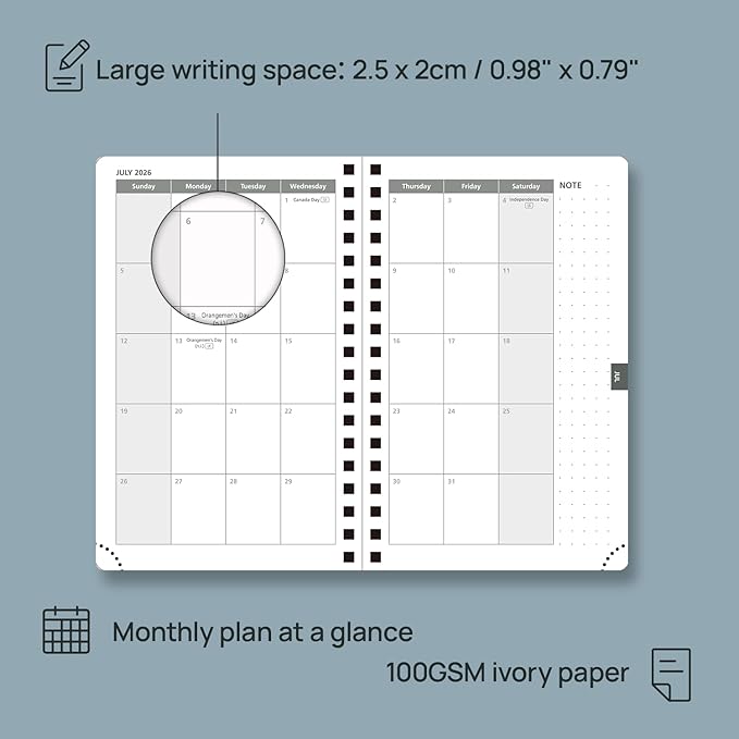 POPRUN 2026 Planner Weekly Notebook (Jan-Dec), Small Size 4''x 6.25'' - 2026 Pocket Calendar for Purse with Spiral Soft Cover, Plastic Ruler, Inner Pocket, 100 GSM - Cerulean Blue