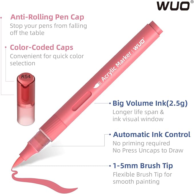 WUO 36 Colors Acrylic Paint Markers (2 Metallic), Automatic Ink Control Brush Tip for Multi-Surface Acrylic Paint Pens for Rock Painting, Wood, Canvas, Glass, DIY Art