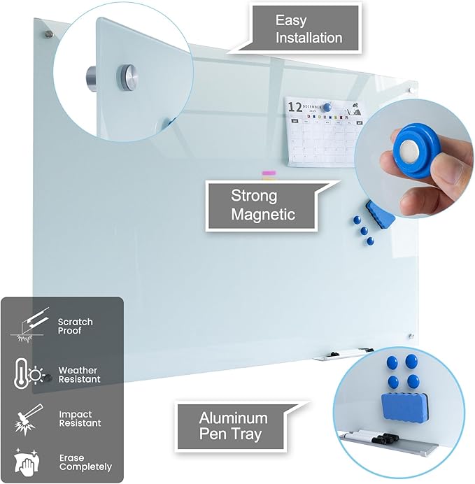 Magnetic Glass Writeboard 40"x60" Premium Tempered Dry Erase Boards Wall Mounted Frameless Whiteboard Bulletin Message Boards (White)