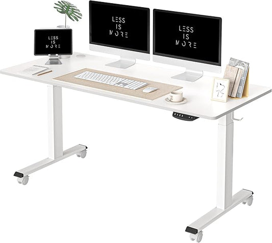 FEZIBO One-Piece Standing Desk Adjustable Height Stand up Home Office Desk, 55x24 Inch Electric Standing Computer Desk, with 4 Memory Presets, Fixable casters, White