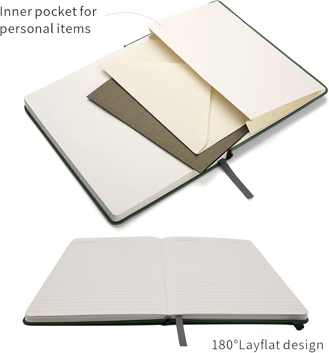 Deziliao Hardcover Notebook Journal 160 Pages, Lined Journal Notebooks for Work, 100Gsm Premium Thick Paper with Pocket, Medium 5.7"x8.4", Christmas Gift（Dark-Green, Ruled）