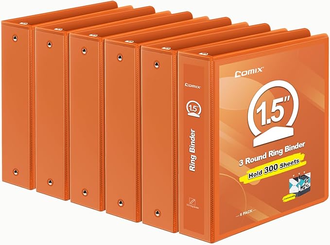 COMIX 3 Ring Binder 1.5 inch with Clear View Cover, 1.5" View Binder Holds 300 Sheets of US Letter Size Paper, 6 Pack (Orange)