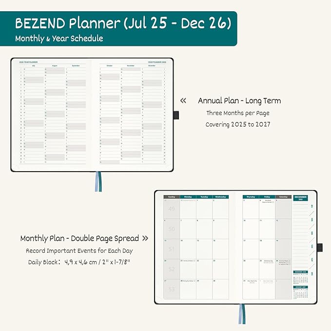 BEZEND 2026 Planner Weekly and Monthly (8.5" x 11"), Large 2-Column Calendar Book (Jul 25-Dec 26), Dual Schedule for Daily Appointment, Inner Pocket & Tabs, PU Leather Hardcover - Mustard