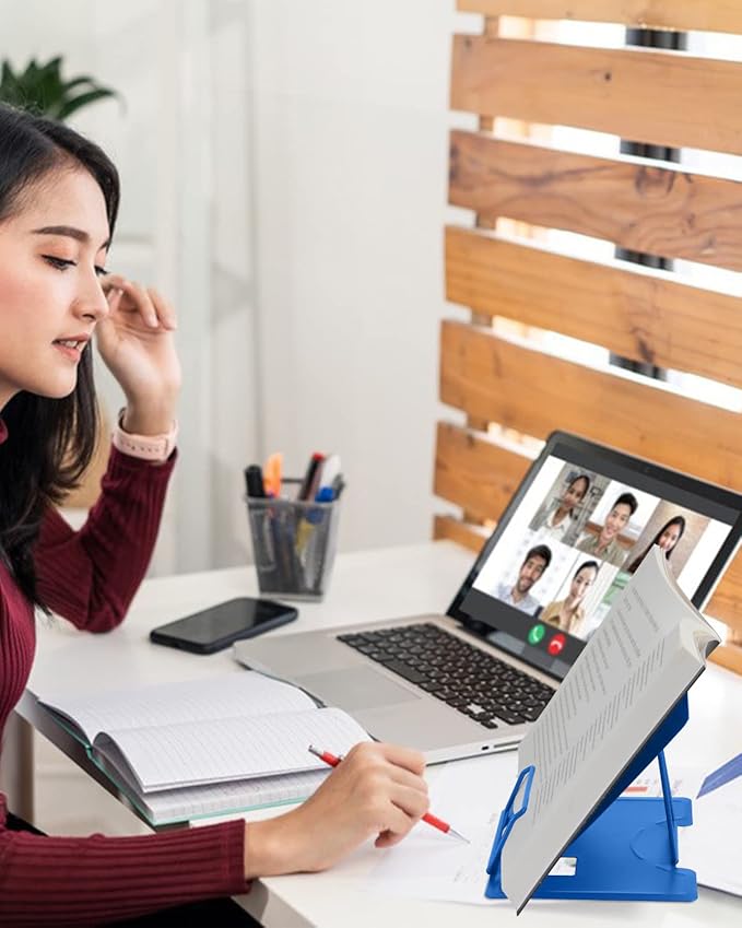 MSDADA Desk Book Stand Metal Reading Rest Book Holder Adjustable Cookbook Documents Holder Portable Sturdy Bookstands for Recipes Textbooks Tablet Music Books with Page Clips (Blue)