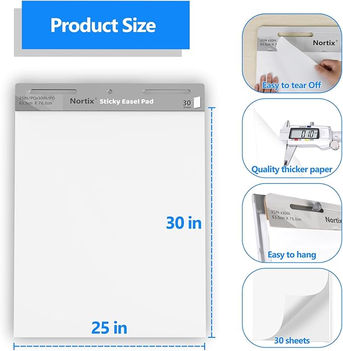 Nortix Flip Chart Paper, Sticky Easel Pads, Chart Paper for Teachers,Super Adhesive & Bleed-Resistant, Large Self-Stick Easel Paper for Classroom/Office, 25 x 30 inch, 30 Sheets/Pad, 3 Pads