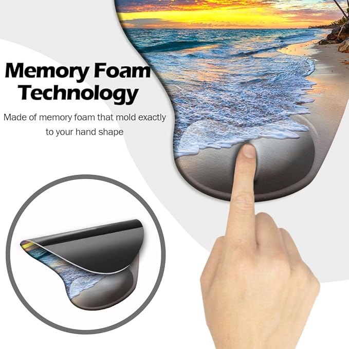 DOOKE Ergonomic Mouse Pad with Wrist Support and Coaster,Mouse Pads with Non-Slip PU Base for Home Office Working Studying Easy Typing & Pain Relief Natural Beach