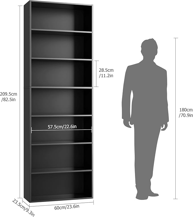 FACBOTALL 82" Tall Bookshelf, 7-Tier Open Shelves Bookcase, Freestanding Display Storage Shelves, Tall Bookcase Home Decor Furniture for Home Office, Living Room, Bedroom, Black