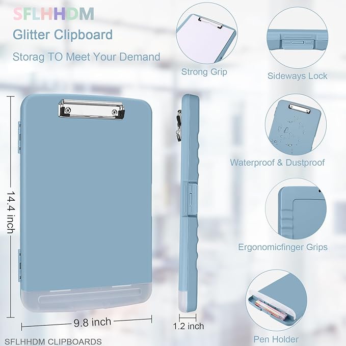 Clipboard with Storage,Storage Clipboard with Pen Holder, A4 Binder Clip Boards 8.5x11 with Low Profile Clip,Side Opening Nursing Clipboards, Clipboards Folder for Office Supplies-Light Blue