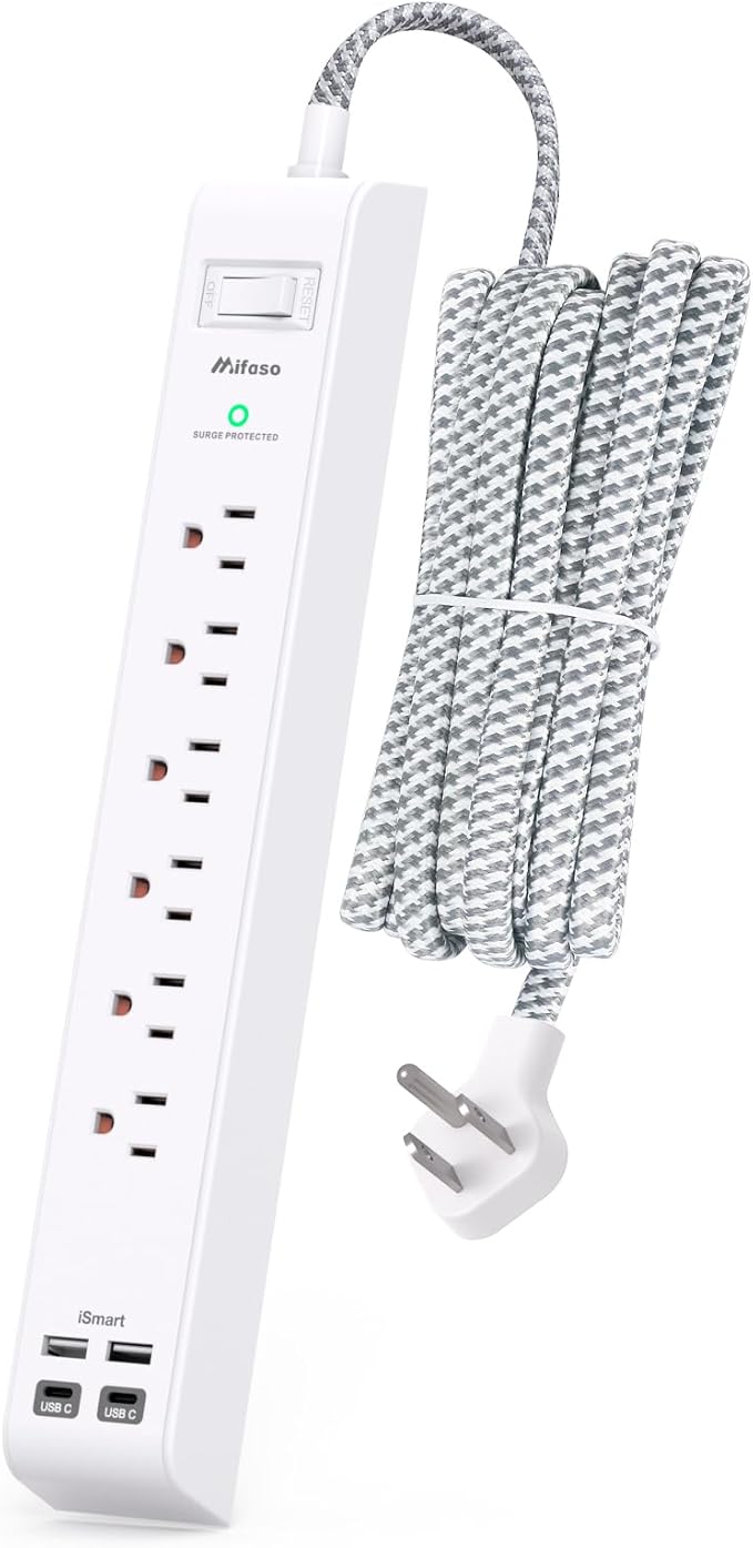 Surge Protector Power Strip 10 ft with 4 USB Ports 2 USB-C 6 AC Outlets, Flat Plug Extension Cord, USB Charging Station, Wall Mountable for Home, Office, Dorm Essentials, 1080J, ETL Listed