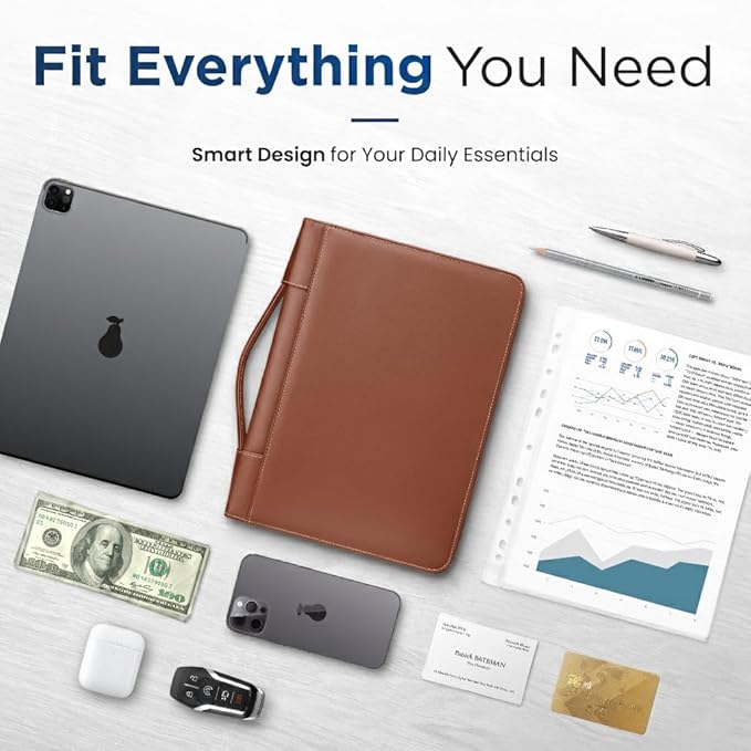 STYLIO Zipper Portfolio Binder with Carrying Handle | Removable 3-Ring Binder (1") w/Clipboard Padfolio | Organizer for Documents, iPad, Tablet, Phone, Notebook| Business Leather Folder for Men Women