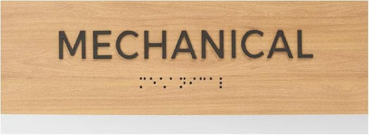 Mechanical Sign With Braille/Small Business Easy Adhesive Mount Door And Wall Sign / 3" x 9" Oak Woodgrain Design