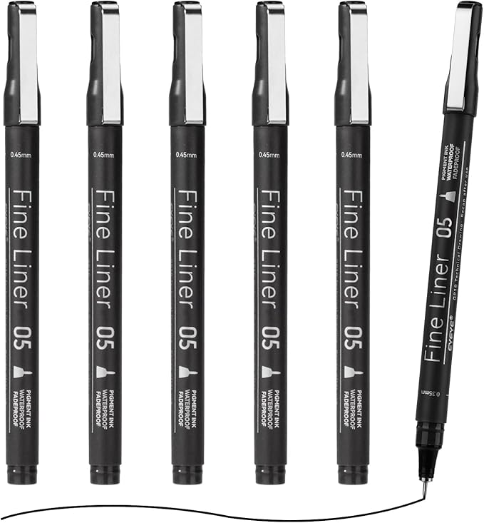EYEYE Micro Pens, Black Drawing Art Pen,6 Pack 0.45mm Archival Pens Waterproof Ink Set Artist Supplies Archival Inking Markers Sketch Outline Pen, Precision Drawing and Sketching Kit