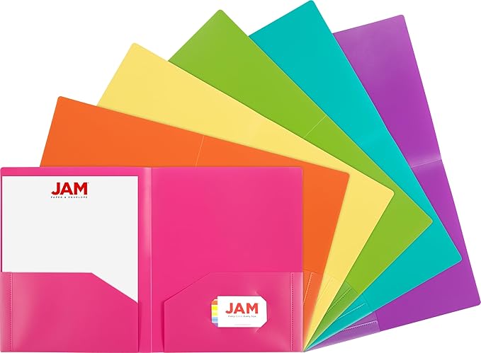 JAM PAPER Heavy Duty Plastic 2 Pocket Extra Tough School Folders - Assorted Fashion Colors - Bulk 144 Folders/Box (24 Assorted Packs of 6)