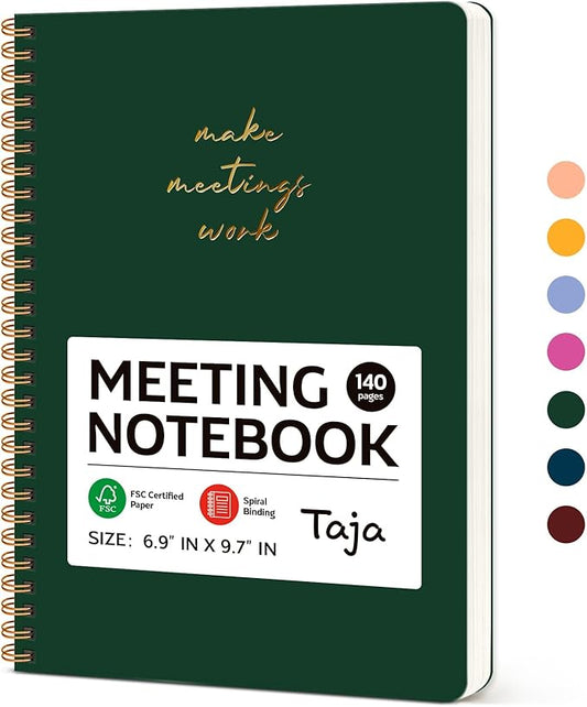 Taja Meeting Notebook for Work Organization - Work notebook with action items, Meeting Minutes Planner Notebook, Perfect Office Supplies for Men & Women - Dark Green