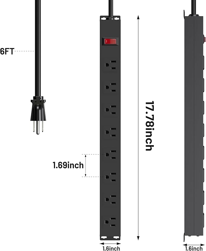 8 Outlet Metal Power Strip,6FT Long Extension Cord Heavy Duty Power Strip for Kitchen,Office,School,Commercial,Workshop,Industrial ETL Certified and Listed Socket,1825W/125V/15A,Black(6FT)
