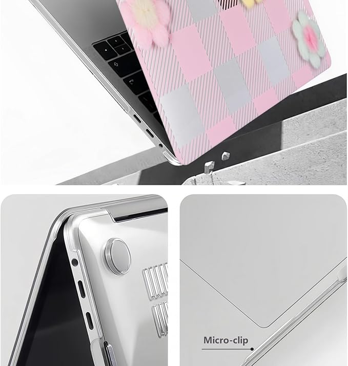 DTangLsm for MacBook Air 13 inch Case 2022 2021-2018 A2337 M1 A2179 A1932, MacBook Air M1 Case, Gingham Plush Plastic Hard Shell Cover for Mac Book Air 13.3 inch + Keyboard Cover, Pink Checkerboard