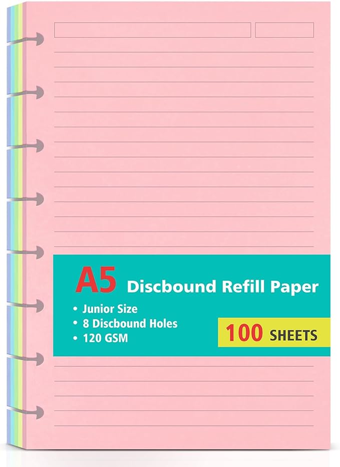 Junior Size 8 Discs 120gsm Discbound Refill Paper, Discbound 5 Colorful Line Papers, Disc Paper Refill, Loose-Leaf Papers, Disc Planner Inserts