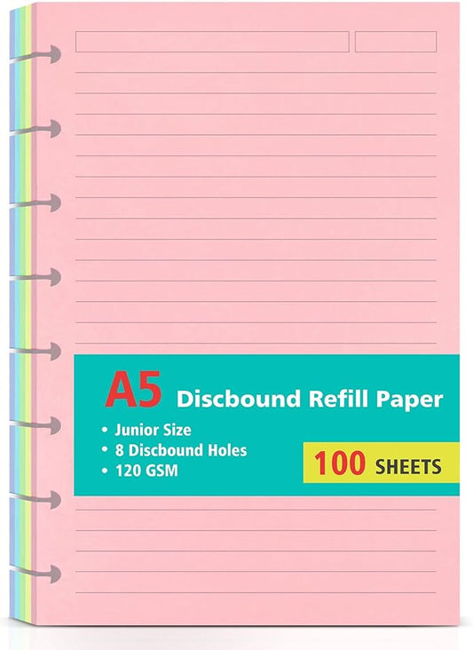 Junior Size 8 Discs 120gsm Discbound Refill Paper, Discbound 5 Colorful Line Papers, Disc Paper Refill, Loose-Leaf Papers, Disc Planner Inserts