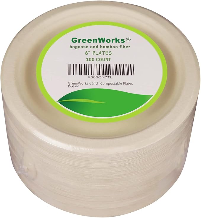 GreenWorks 100 Count 6“ Small Compostable Dessert Plates, Heavy-duty Unbleached Biodegradable Bagasse and Bamboo fiber Paper Plates