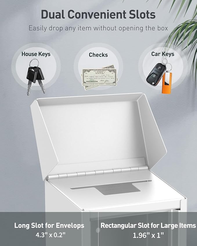 Uniclife Key Drop Box for Outside, White Metal Donation Box Collection Box with Key Lock, Safe Suggestion Box, Wall Mounted Mailbox with Top Slot, Steel Cash Drop Box for Home Office and Business