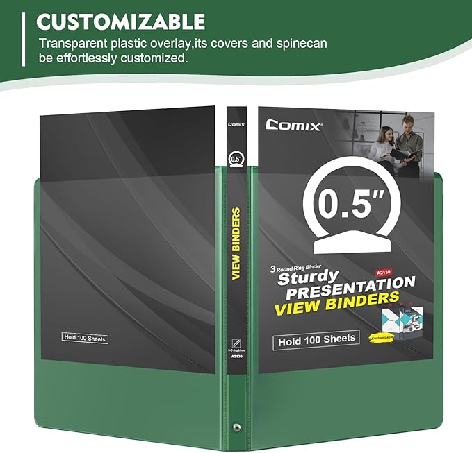 COMIX 3 Ring Binder 1/2 inch with Clear View Cover, 0.5" View Binder Holds 100 Sheets of US Letter Size Paper, 6 Pack (Green)