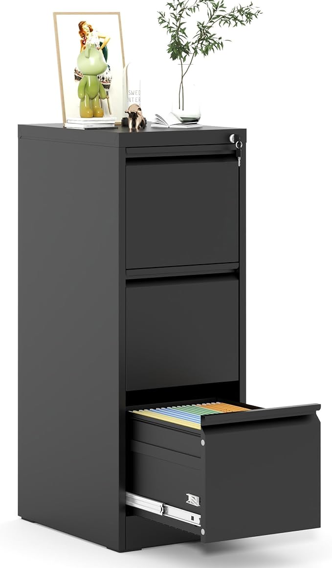 3 Drawer File Cabinet with Lock, Vertical Metal Filing Cabinet for Home Office, Locking File Cabinets for Legal/Letter Size Hanging File Folders (Black)