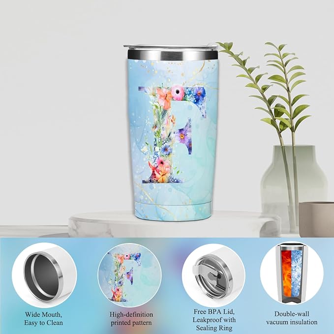 Personalized Gifts Monogrammed Birthday Gifts for Women, Aunt Grandma Retirement Christmas Initial 20 oz Tumbler, Makeup Bag Cup Ballpoint Pens Journal Notebook 6 Set, (Aesthetic Blue Flower F)