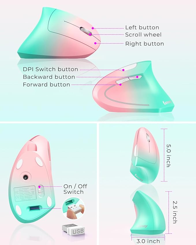 Lekvey Ergonomic Mouse, Vertical Wireless Mouse, Rechargeable 2.4G Optical Carpal Tunnel Mice with USB Receiver: 1000/1200 / 1600 DPI, 6 Buttons, for Laptop, Computer, PC, Desktop, Pink Green