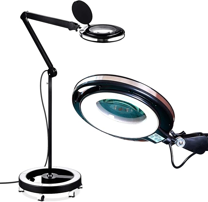 Brightech Lightview Pro Magnifying Glass with Stand & Light, Magnifying Floor Lamp with 6-Wheel Rolling Base for Facials & Lashes – Dimmable LED Work Light for Crafts, Sewing, and Projects - 3 Diopter