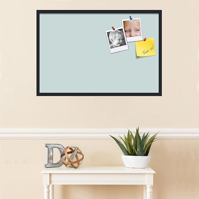 PinPix 36x24 Inch Cork Bulletin Board. This Decorative Framed Pin Board Comes with Soft Blue Design and a Satin Black Frame. Ideal for Home Office Decor or Message Board (PinPix-1814)