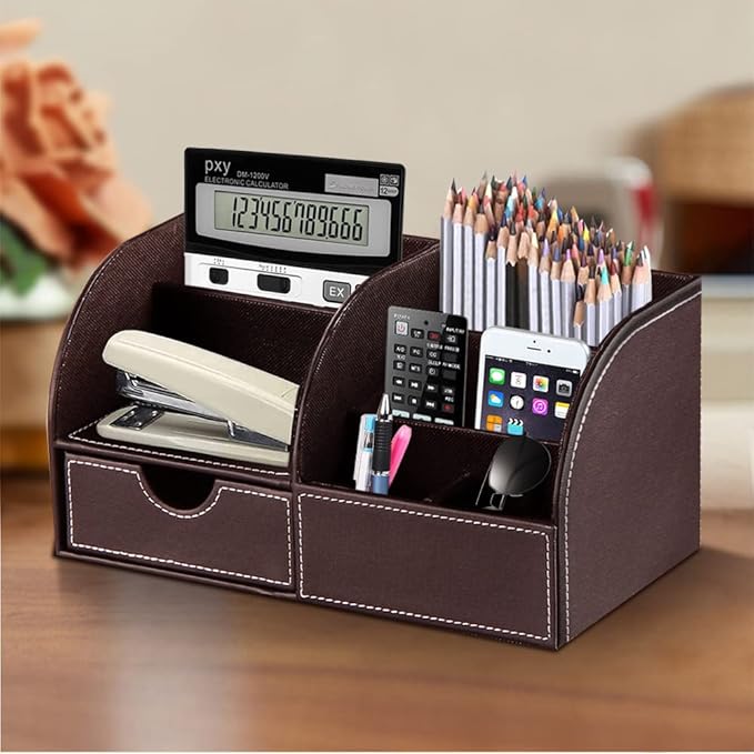 Desk Organizer, PU Leather Desktop Organizers and Accessories, Office Supplies Multi-Functional Caddy Storage with 6 Compartments and 1 Drawer, Workspace Organizer for Office Home School Classroom