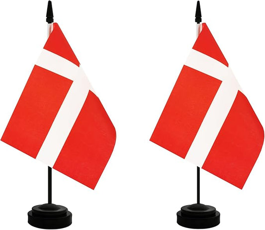 2 Pack Denmark Desk Flag, Danish Table Office Flag with Solid Pole and Stand Base, International Country Flag, Festival Celebration, Classroom Meeting Desktop Decoration (Denmark)