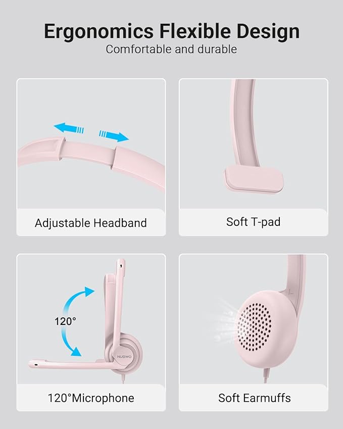 NUBWO HW02 USB Headset with Microphone Noise Cancelling &in-line Control, Ultra Comfort Computer Headphones for Laptop pc, On-Ear Wired Office Call Center Headset for Boom Skype Webinars (Pink)