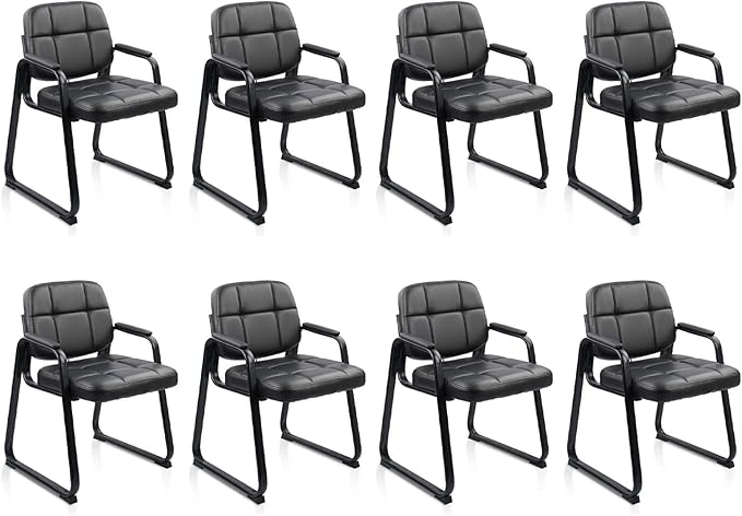 CLATINA Waiting Room Guest Chair with Bonded Leather Padded Arm Rest for Office Reception and Conference Desk Black with Sled Base 8 Pack