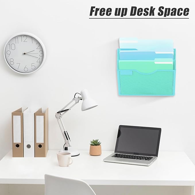 EASEPRES 3 Pocket Mesh Hanging Wall File Organizer, Wall Mounted Mail Paper Document Folder Holder, Clipboard Storage Organization Magazine Rack with Nametag Label for Office Home School, Blue