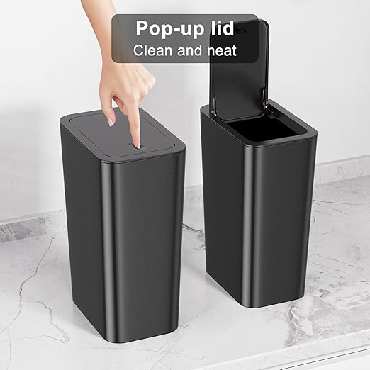 N. NETDOT Bathroom Trash Can with Lid 3 Pack Set, 2 Packs 4 Gal Slim Kitchen Trash Bin and 1 Pack 2.6Gal Garbage Can, Small Trash Can/Trash Bin/Waste Basket for Bedroom (Black, Pack of 3)