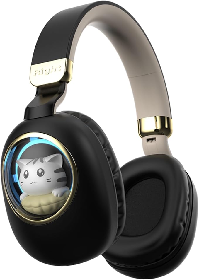 Kids Bluetooth Headphones - Light Up Cat Over Ear Kids Wireless Noise Cancelling Headphones with Microphone for Kids for School Gaming Headset Headphones for IPad Kindle Tablet PC Travel (Black Gold)