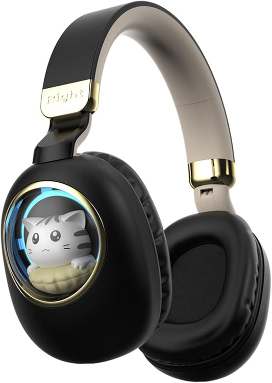 Kids Bluetooth Headphones - Light Up Cat Over Ear Kids Wireless Noise Cancelling Headphones with Microphone for Kids for School Gaming Headset Headphones for IPad Kindle Tablet PC Travel (Black Gold)