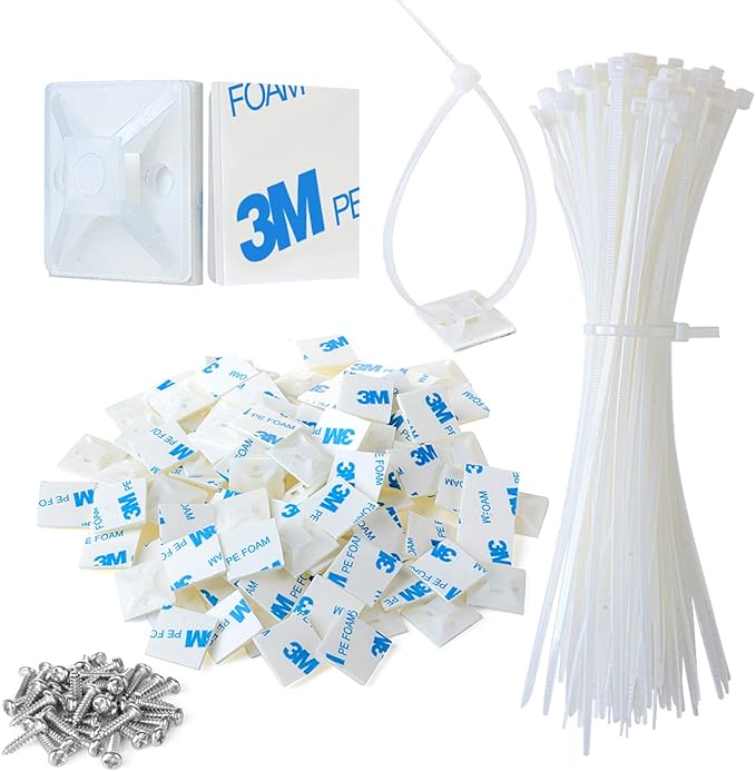 200pcs 3/4" Back-Glue Self Adhesive White Strong Cable Zip Tie Mounts with 8" Ties, Screws, Outdoor Sticky Wire Fasteners Cable Clips Management Anchors Organizer Holders Squares