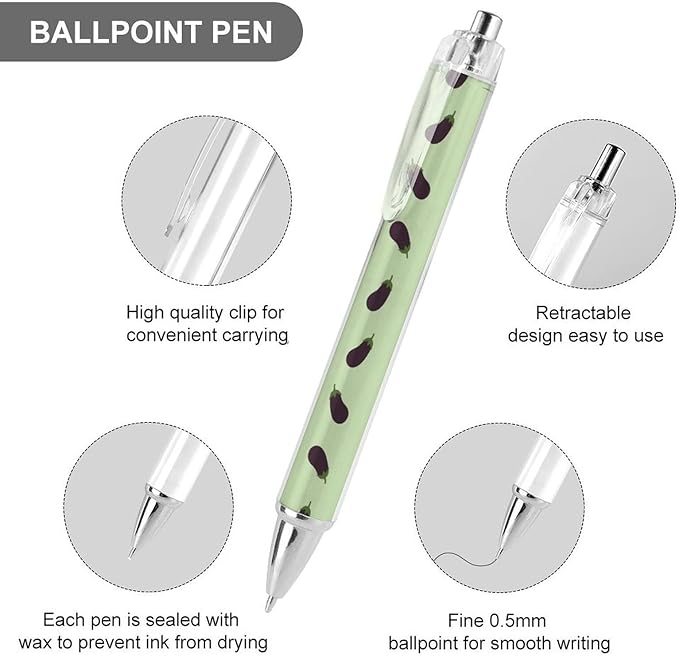 2 Pcs Purple Eggplant Pattern Pens with Black Ink, Womens Retractable Writing Pens, Refillable Ball Point Pen 0.5mm for Office Supplies Teacher Writer