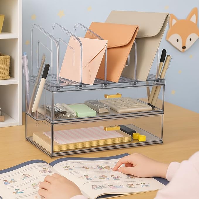 Acrylic Desk Organizer Set, 2 Pack Stackable Drawer Organizer with 4 Vertical File Sorter and 2 Pen Holders, Desktop Storage for Files, Letter, Documents, Office Supplies, Desk Accessories