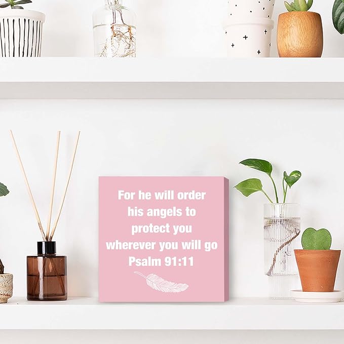 Pink Christian Office Decor Cute Cubicle Desk Accessories Psalm 91:11 Inspirational Gifts for Women Office Pink Sign Desk Decorations for Women Home
