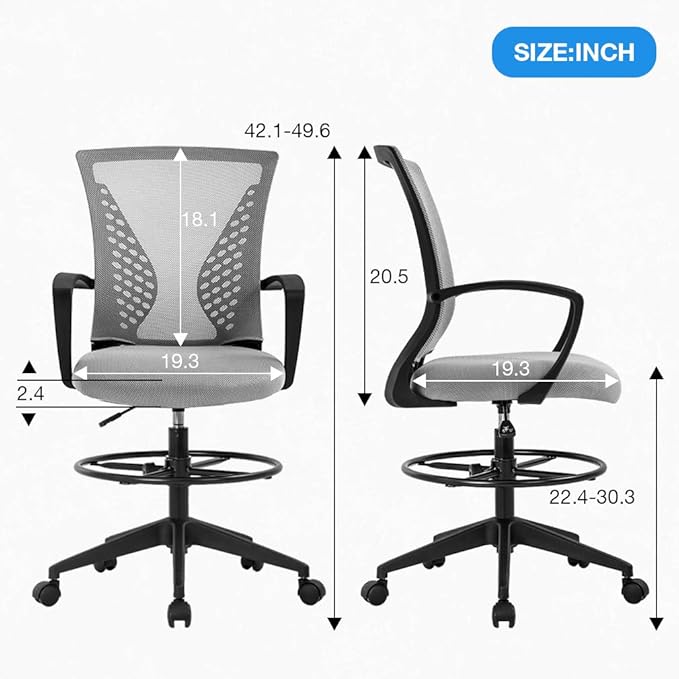 Drafting Chair Tall Office Chair Standing Desk Chair Adjustable Height with Arms Foot Rest Back Support Rolling Swivel Desk Chair Mesh Drafting Stool for Adults