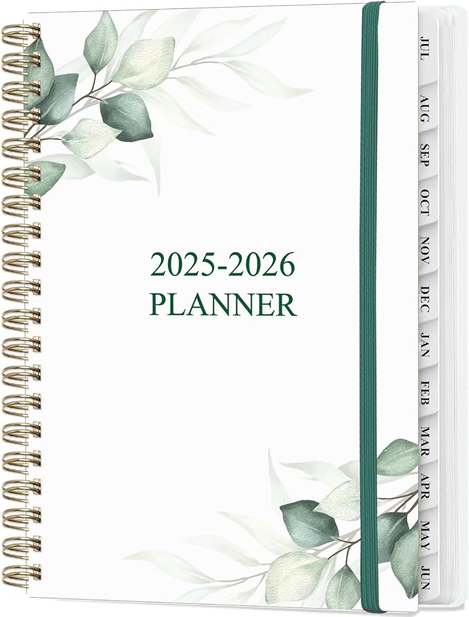 Planner 2025-2026 - Weekly & Monthly Planner from July 2025 to June 2026, Agenda 2025 2026 with Inner Pocket, Elastic Band, 6.4" x 8.5", Green Leaf