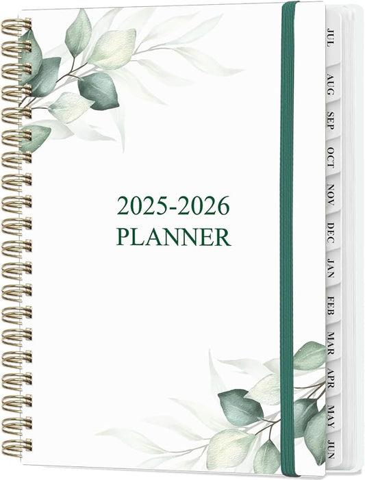 Planner 2025-2026 - Weekly & Monthly Planner from July 2025 to June 2026, Agenda 2025 2026 with Inner Pocket, Elastic Band, 6.4" x 8.5", Green Leaf