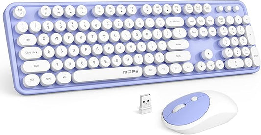 Wireless Keyboard and Mouse Combo, MOWUX Full Size Typewriter Retro Round Computer Keyboard, Mouse Wireless, Plug and Play, for Laptop, PC, Computer- Purple