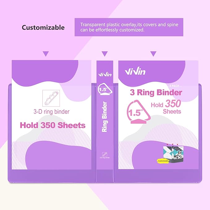 ViVin Sturdy 1.5 Inch 3 Ring Binder with Pockets, Slant-D Ring, PVC-Free, Customizable Clear View Binder,Holds 350 Sheets of 8.5" x 11" Paper,6 Pack (Purple)