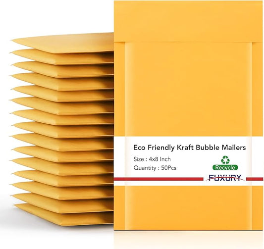 Fuxury Kraft Bubble Mailer 4x8” 50Pack Strong Adhesion Padded Envelopes Thick Bubble Envelopes Usable Size 4x7" Waterproof Cushioned Bubble Mailers Packaging for Small Business #000 Yellow