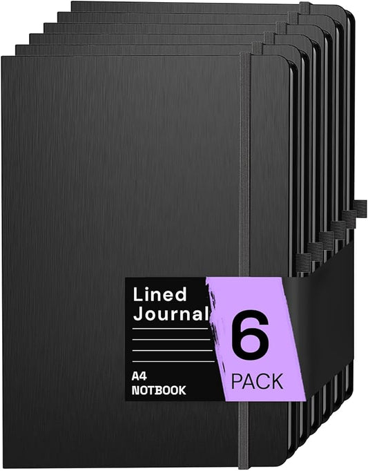 A4 Lined Journal Notebook, 8mm Ruled Notepad, Journaling for Writing, Work, School, Travel and Note Taking, Hardcover 160 Pages (80 Sheets) 8.27 x 11.6 inches (6 Pack Black)